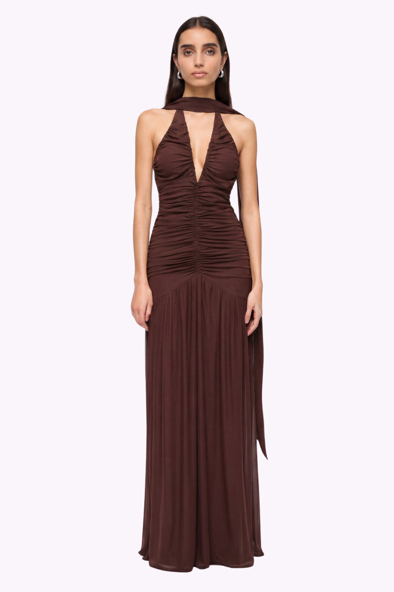Chloe Halter Mesh Plunge Maxi Dress  Chocolate  SUBOO AU