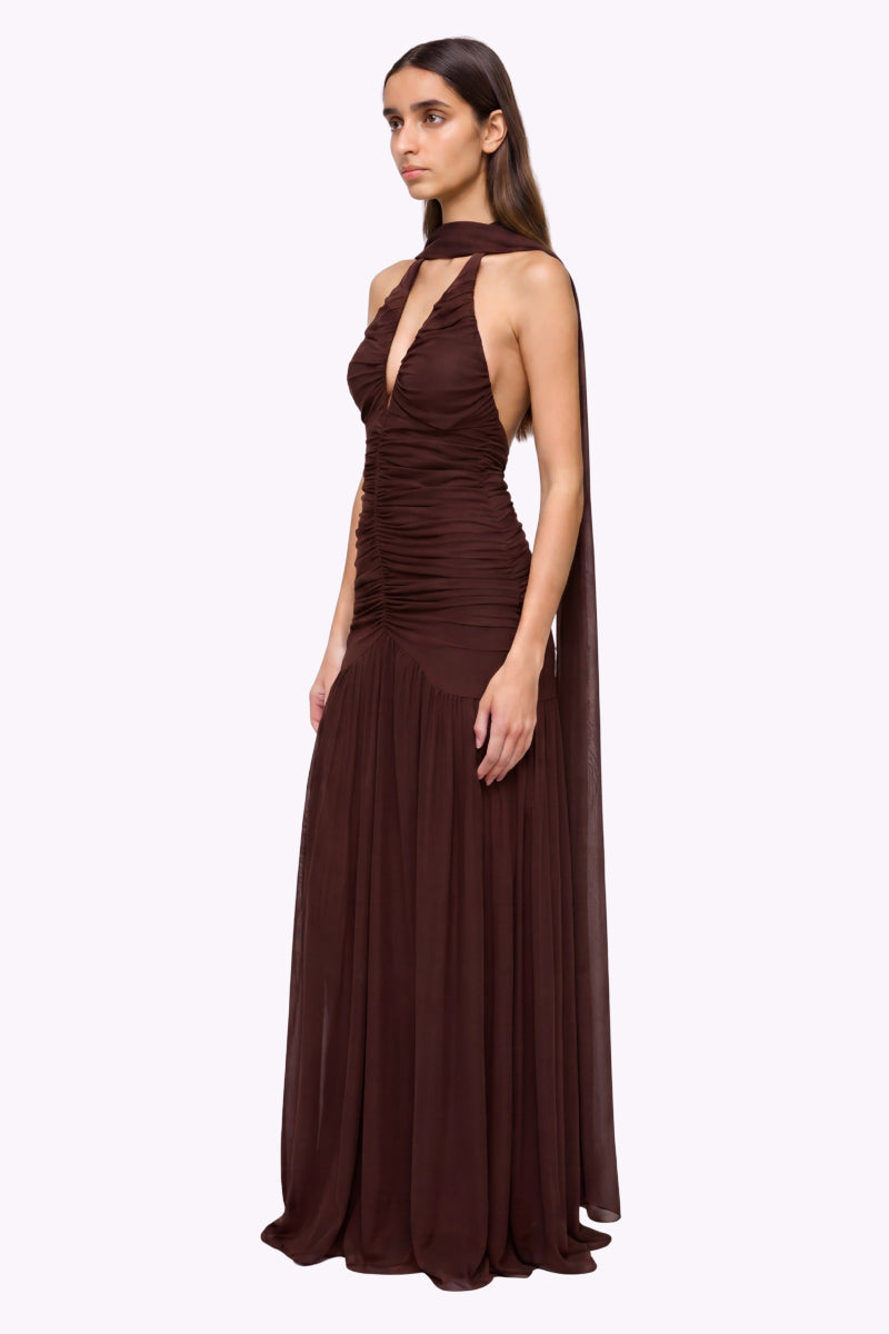 Chloe Halter Mesh Plunge Maxi Dress  Chocolate  SUBOO AU