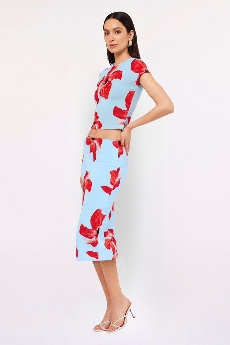 Chloe Floral Mesh Ruched Midi Skirt – Blue Pink