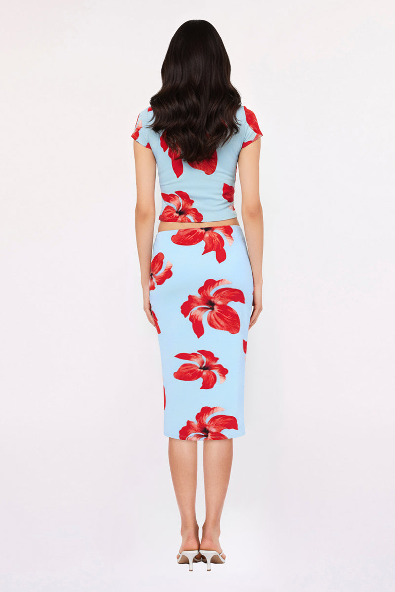 Chloe Floral Mesh Ruched Midi Skirt – Blue Pink