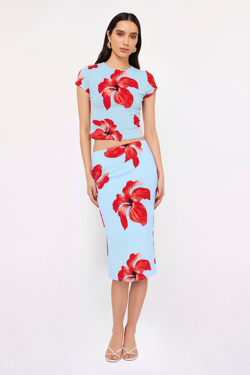 Chloe Floral Mesh Ruched Midi Skirt – Blue Pink