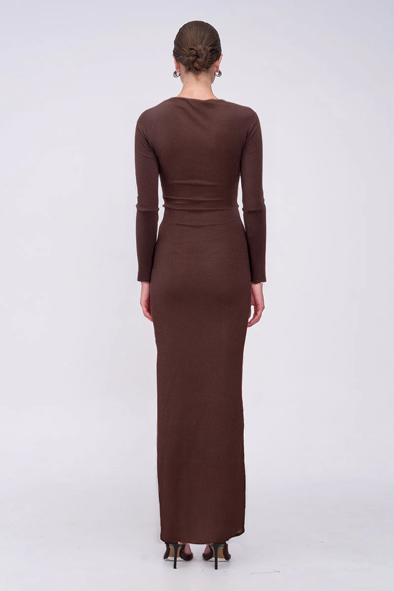 Jacqui Ruched Long Slv Midi Dress - Chocolate