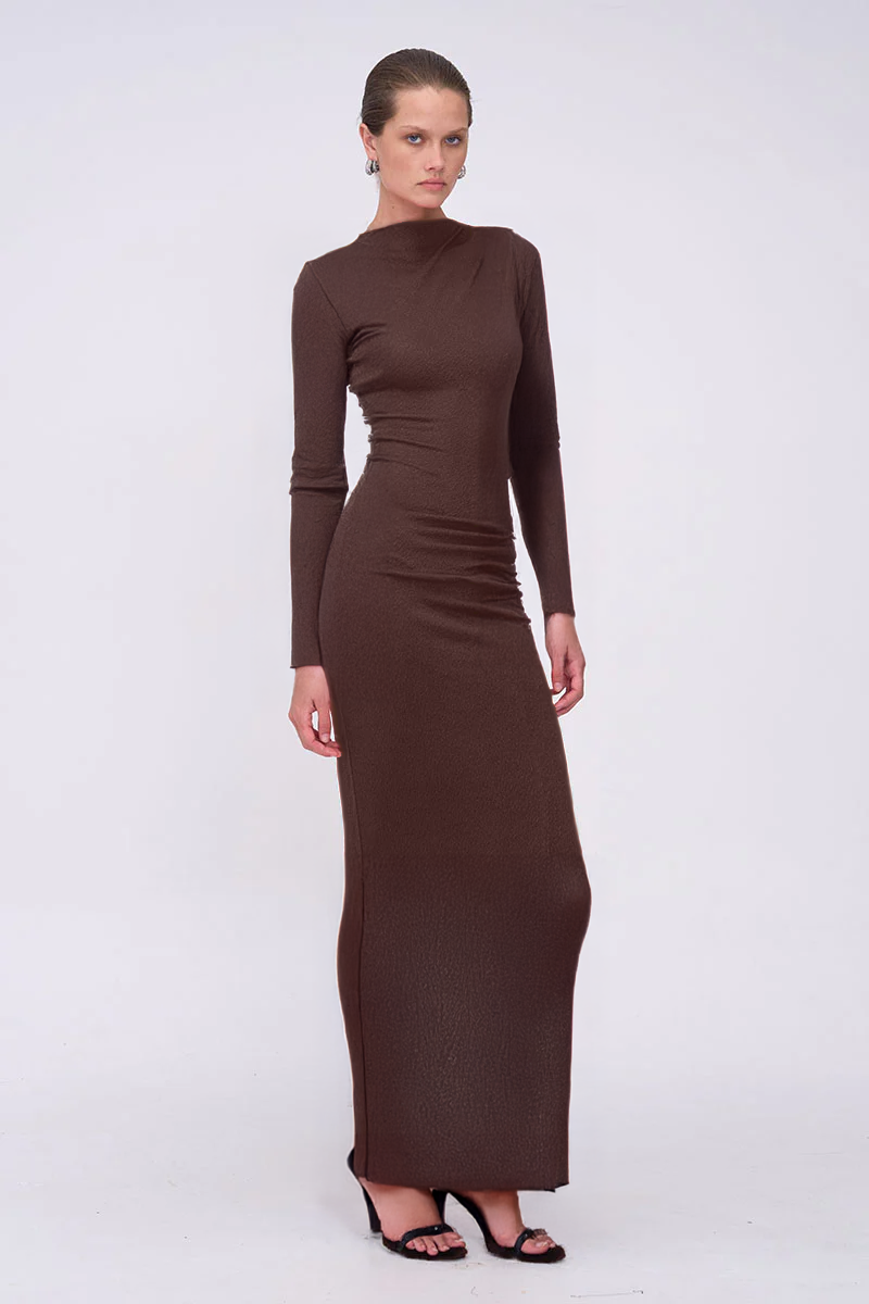 Jacqui Ruched Long Slv Midi Dress - Chocolate