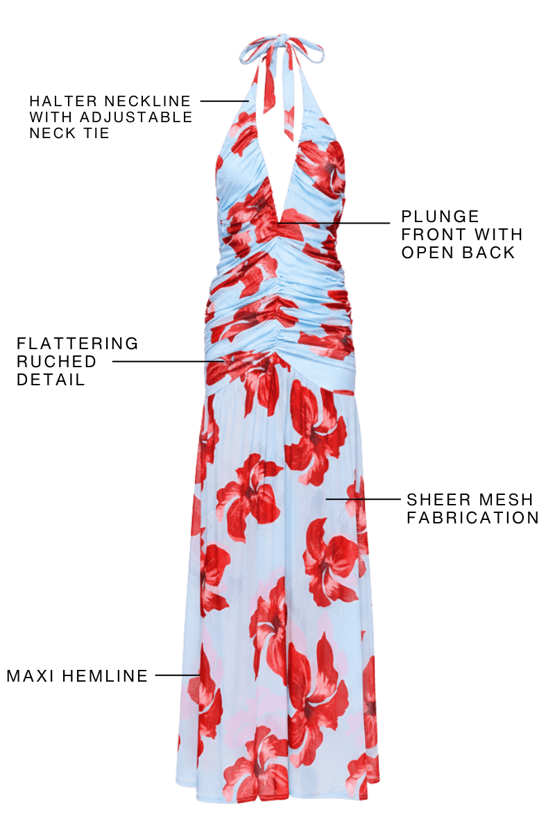 fitted lace wedding dress Floral Printed High Low Organza Halter Dress In Navy Multi main image 1