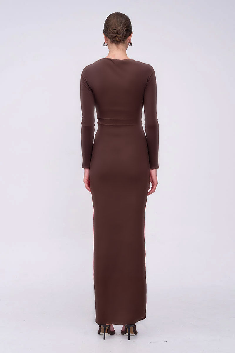 Jacqui Matte Long Sleeve Maxi Dress - Chocolate