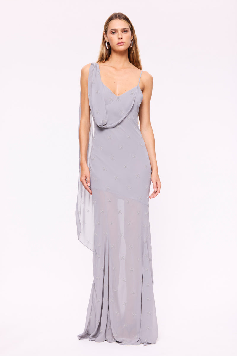 Beaded Gown Cowl Neck Wedding Guest Dress | Slate Grey