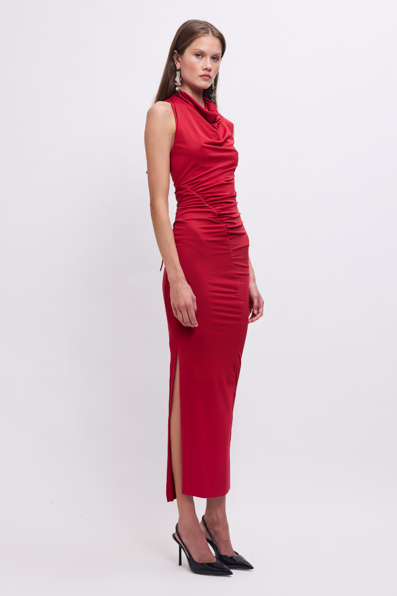 Phoebe Asymmetrical Cowl-Neck Maxi Dress – Red