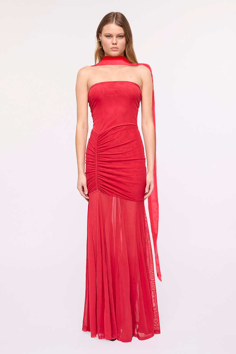 Phoenix Bustier Maxi Dress with Removable Scarf and Sash – Red