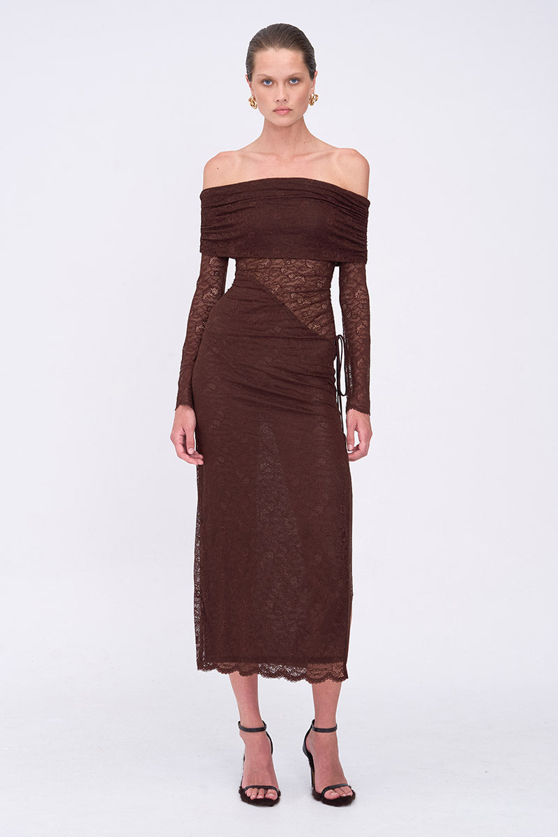 Paris Off Shoulder Ruched Side Midi Dress