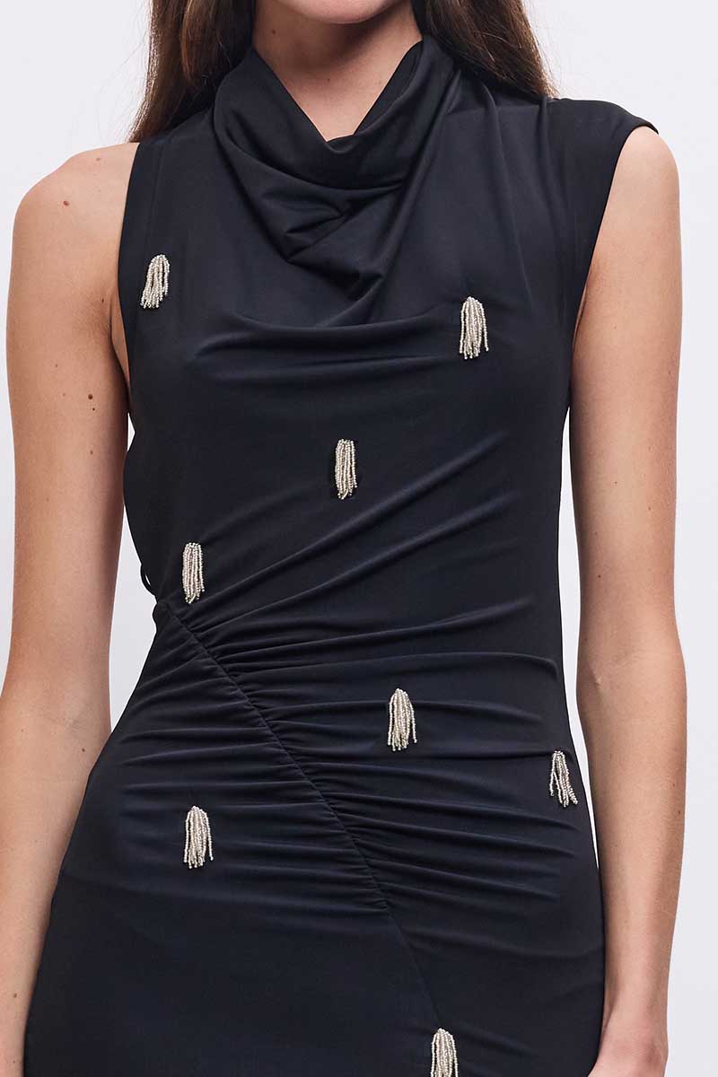 Phoebe Asymmetrical Cowl-Neck Embellished Mini Dress – Black