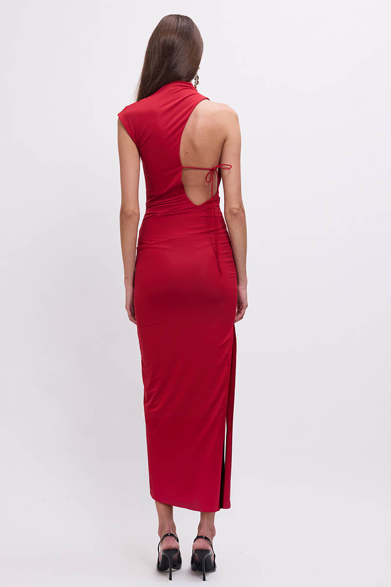 Phoebe Asymmetrical Cowl-Neck Maxi Dress – Red