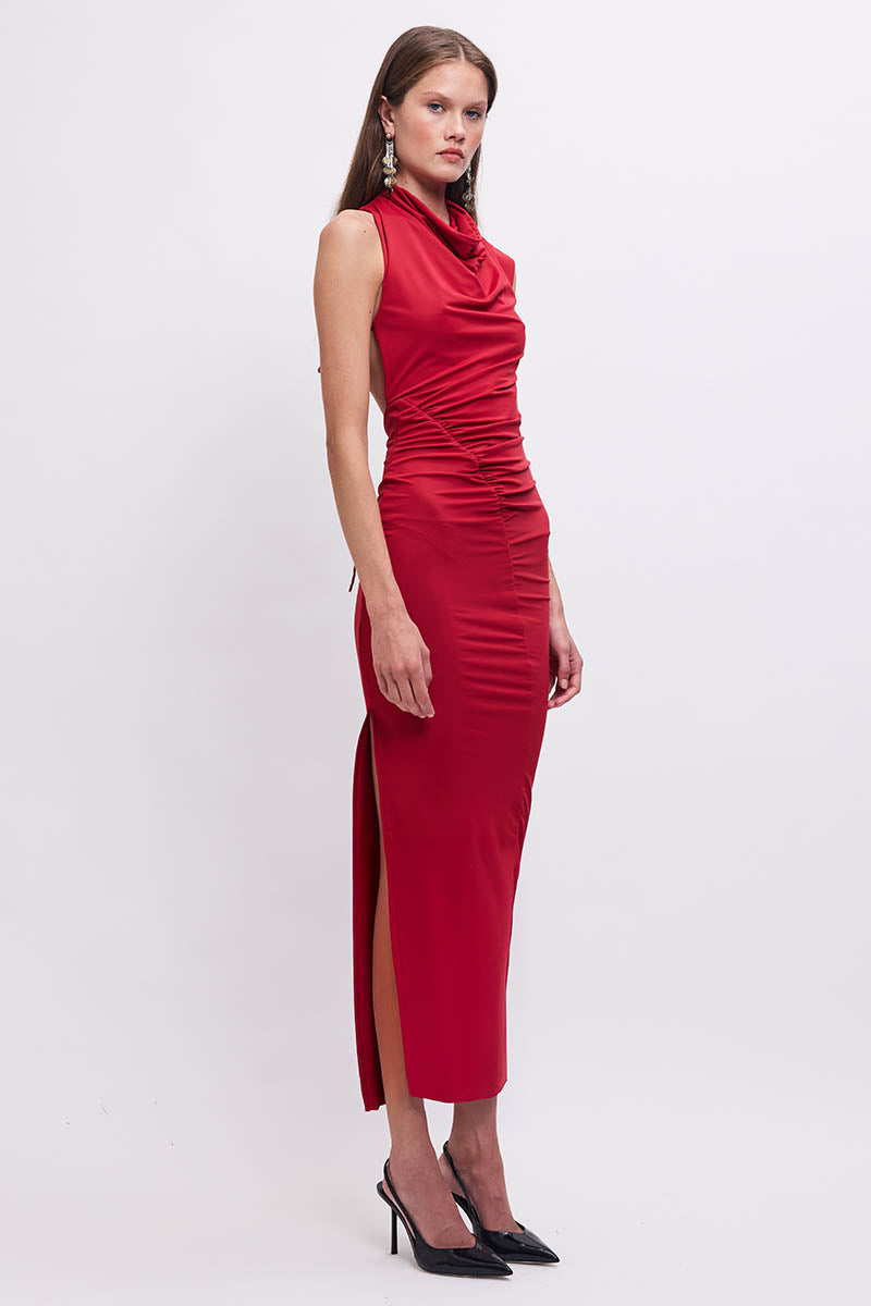 Phoebe Asymmetrical Cowl-Neck Maxi Dress – Red