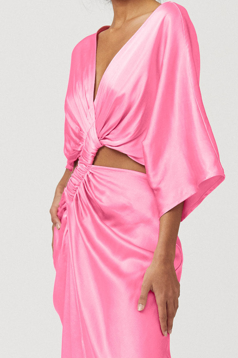 Tate Rouched Cross Over Midi Dress - Candy Pink
