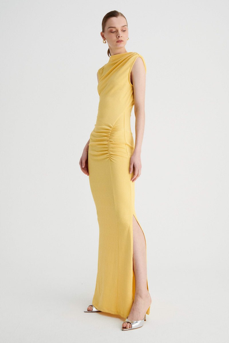 Vega Ruched Midi Dress - Butter SUBOO AU Vega Ruched Midi Dress - Butter SUBOO AU