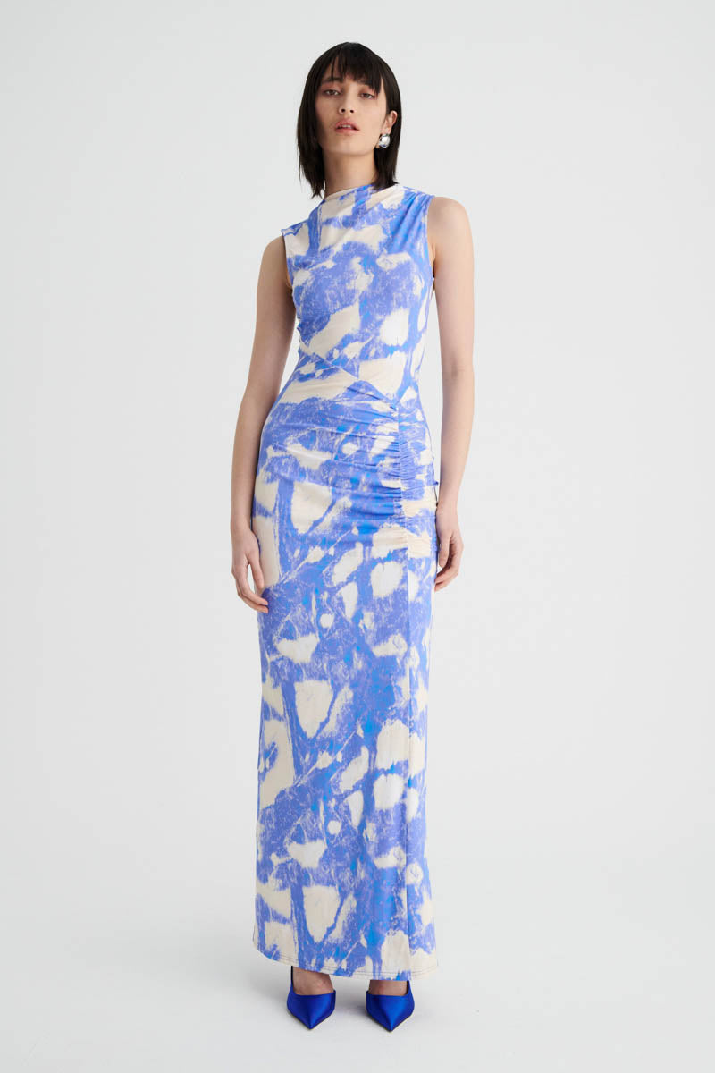 Marble Sleeveless Ruched Maxi Dress - Marble Print