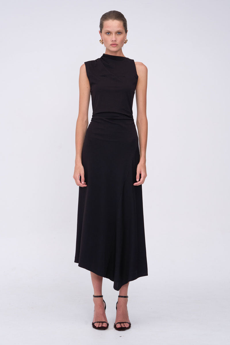 Woman wearing a black sleeveless dress 