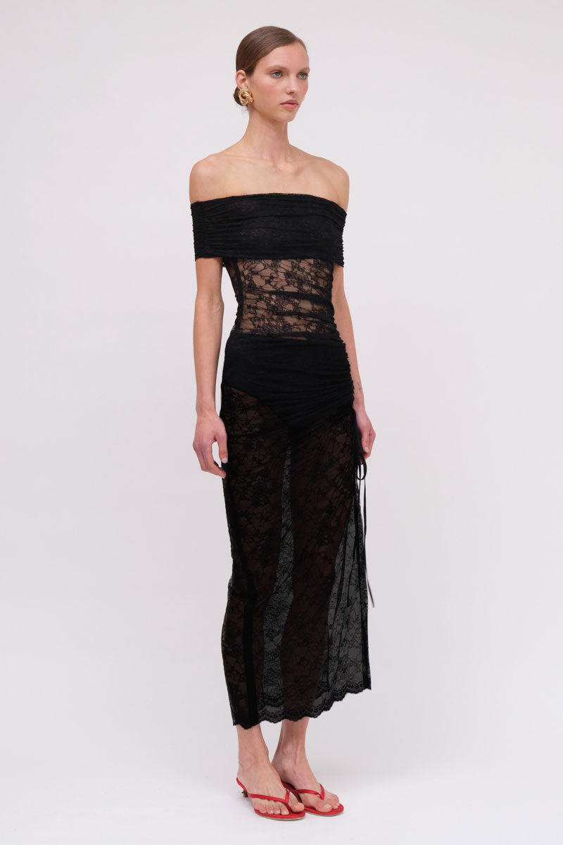 Beau Lace Off Shoulder Midi - Black