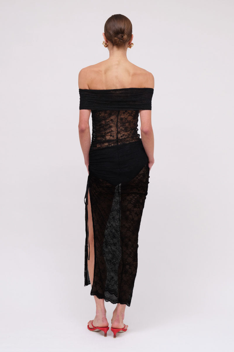 Beau Lace Off Shoulder Midi - Black