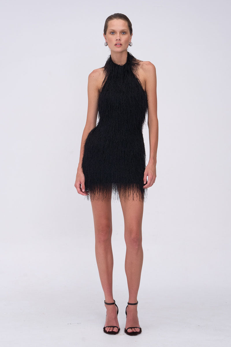 Black dress with feather details worn by a model on a white background