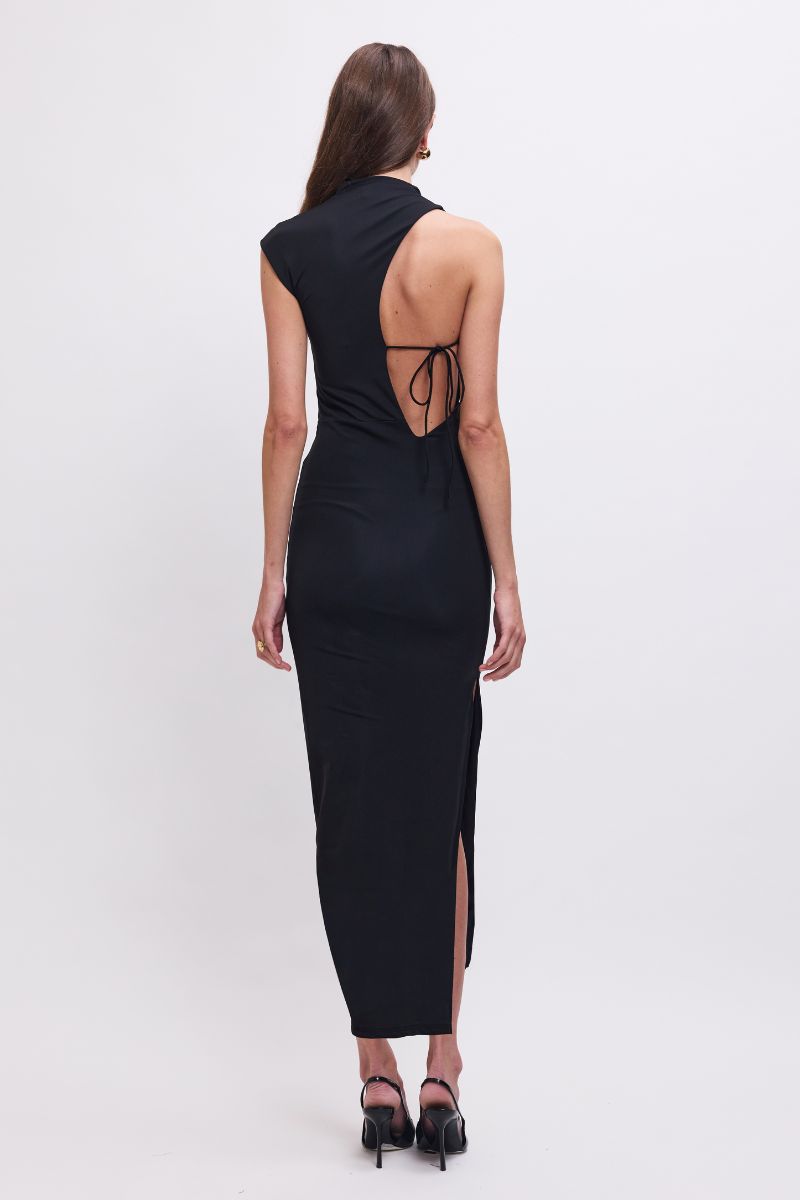 Black dress with cutout back and side slit on a white background