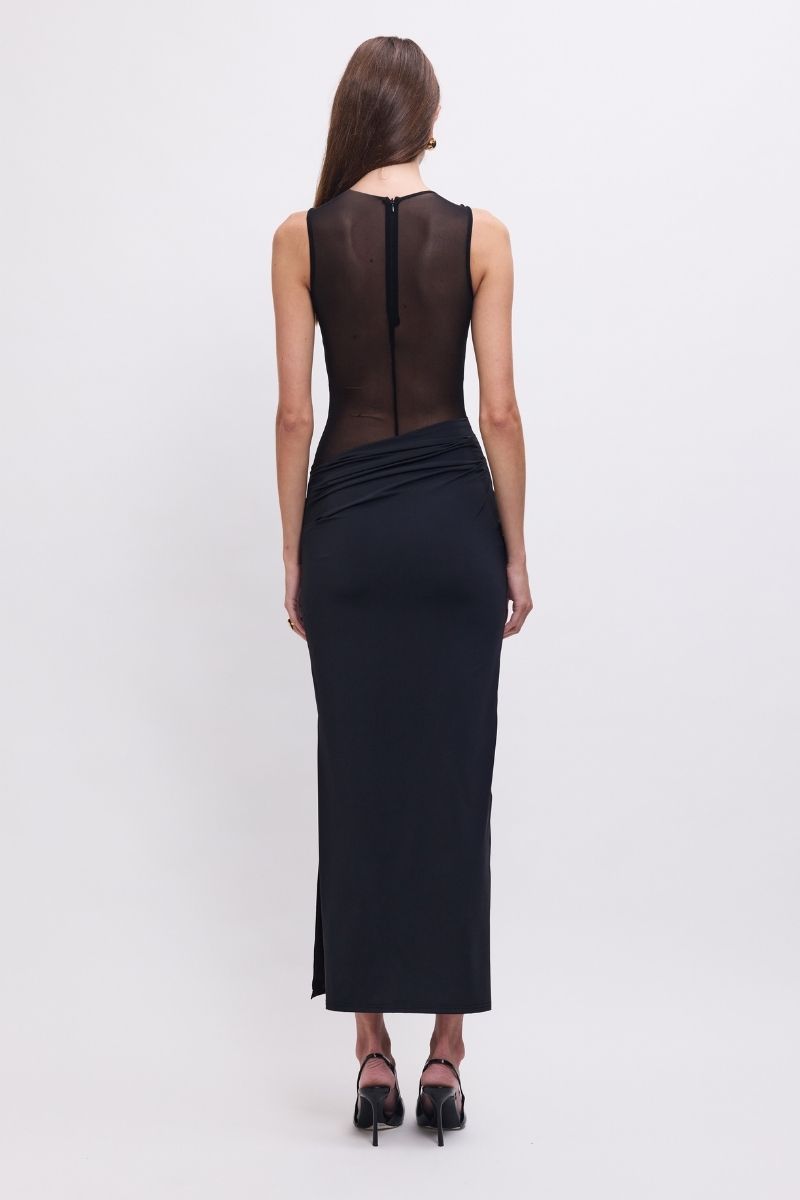 Auguste Sleeveless Mesh Panel Maxi Dress – Black