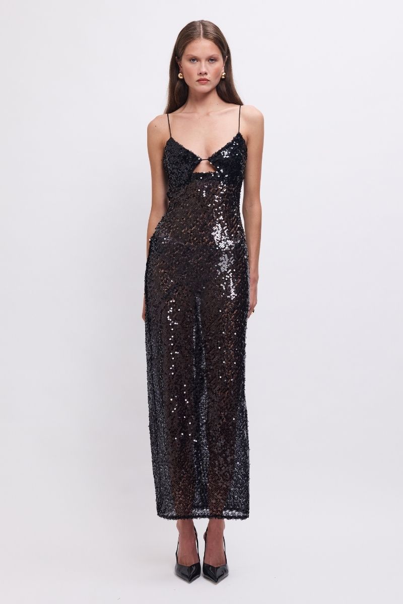 Allure Sheer Sequin Maxi Dress – Black