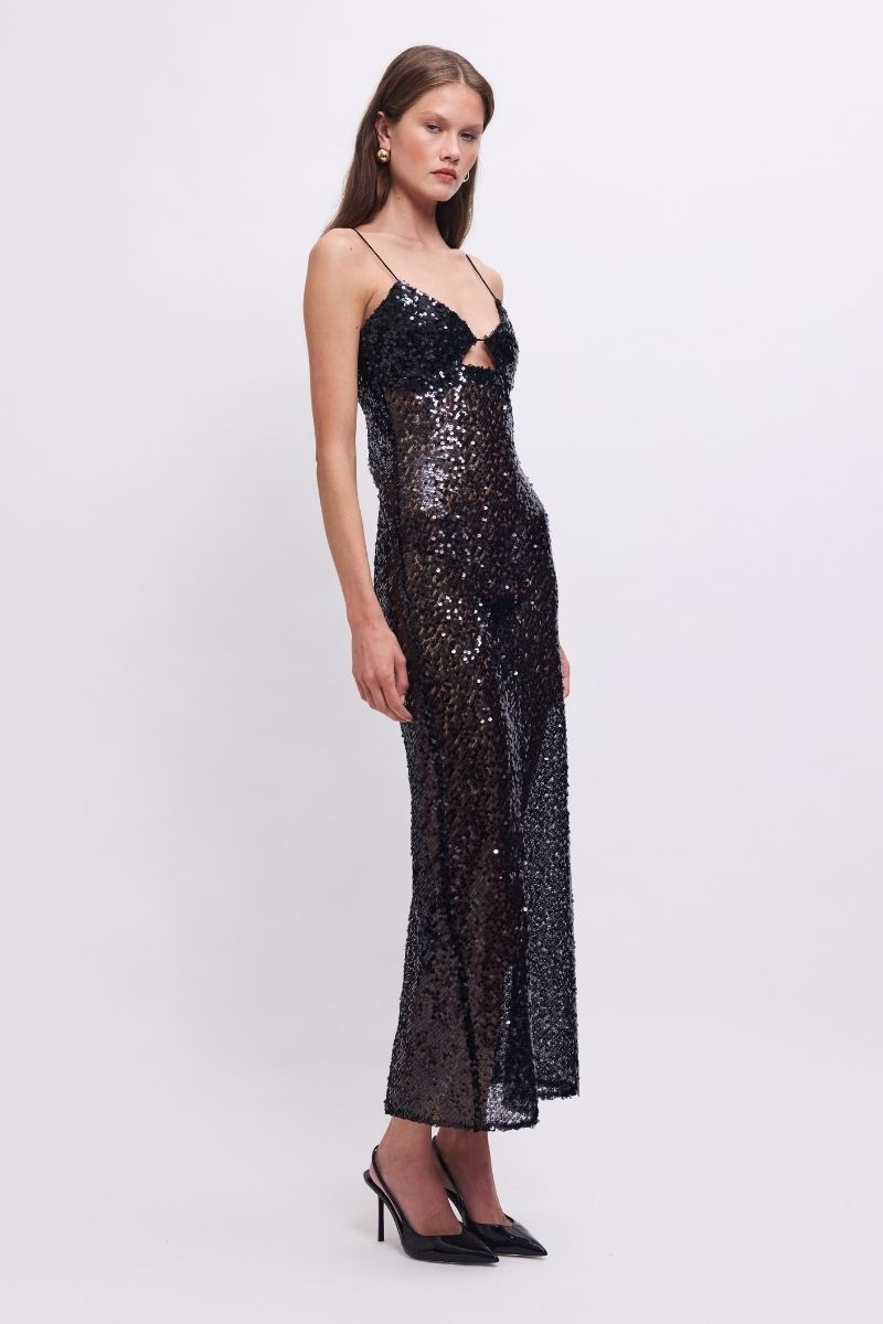 Allure Sheer Sequin Maxi Dress – Black