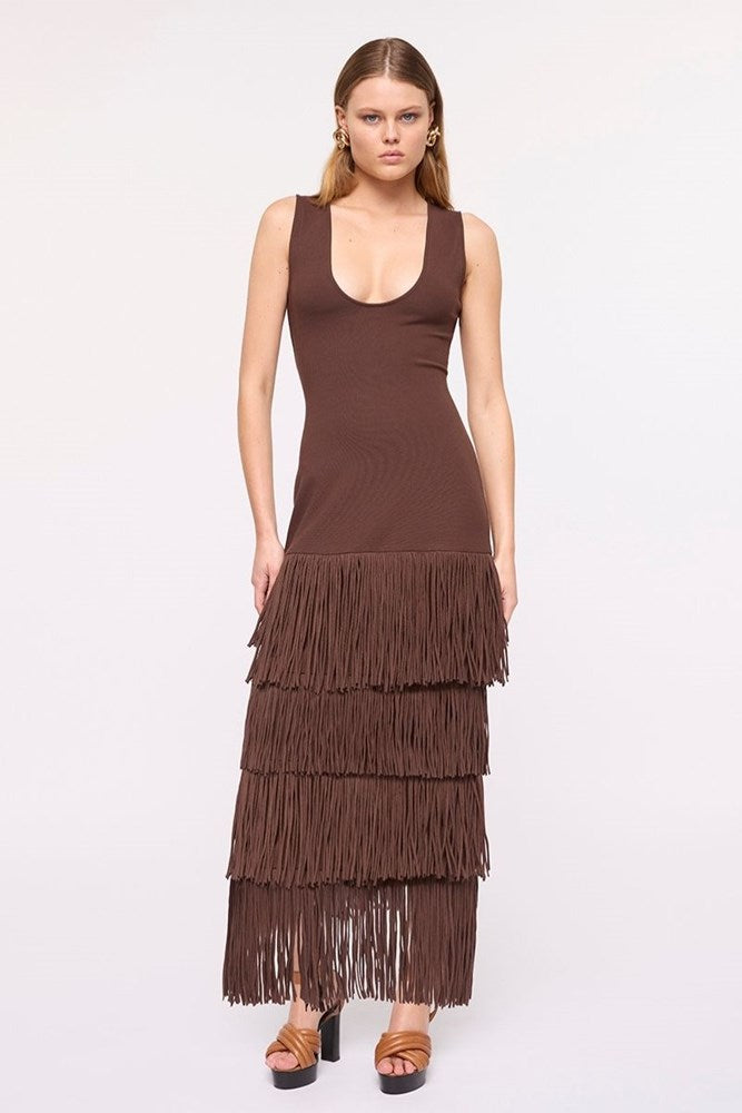 Carmen Sleeveless Fringed Hem Maxi Dress-Chocolate