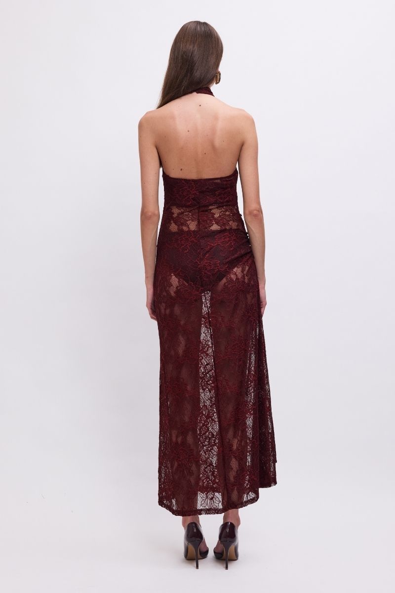 Gordana Sheer Lace Halter-Neck Maxi Dress – Bordeaux