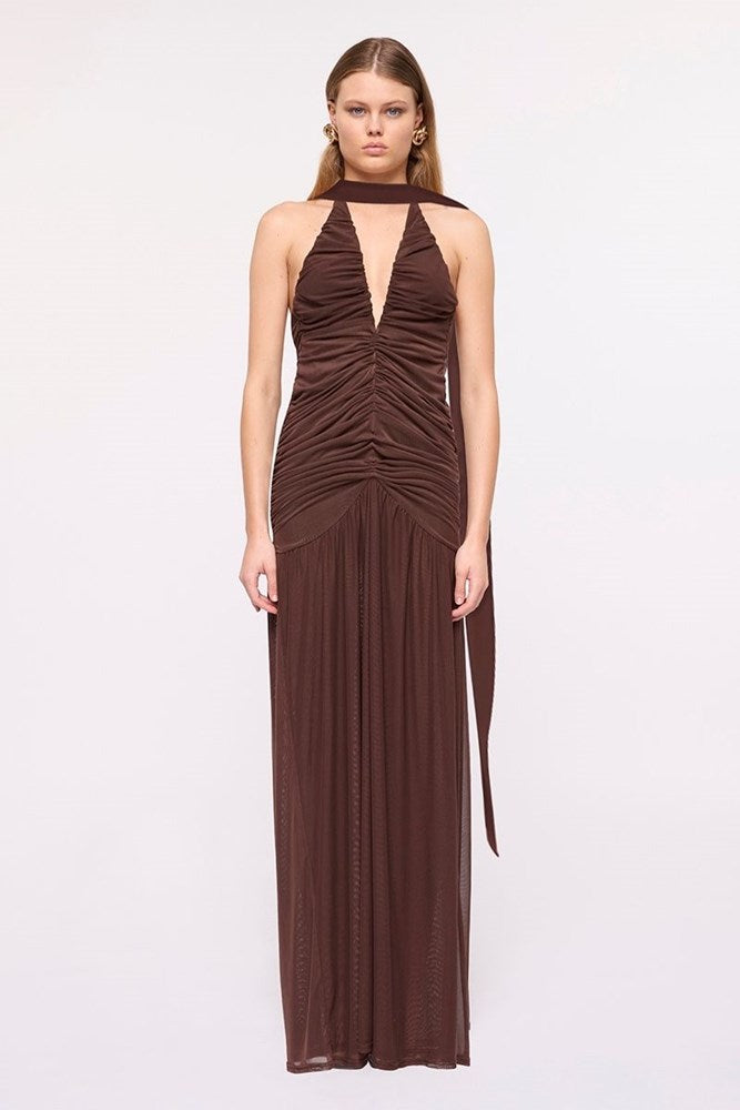 Chloe Floral Halter Mesh Plunge Maxi Dress – Chocolate