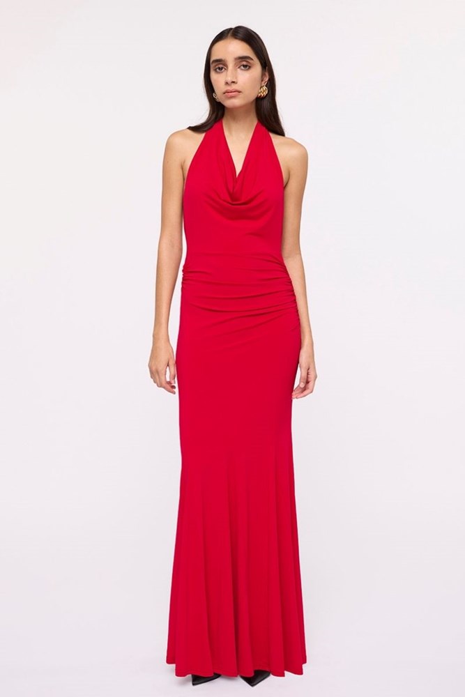 Ruby Slinky Jersey Halter Maxi Dress – Cherry Red