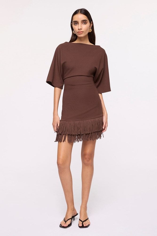 Carmen Cape Sleeve Fringe Hem Mini Dress -Chocolate