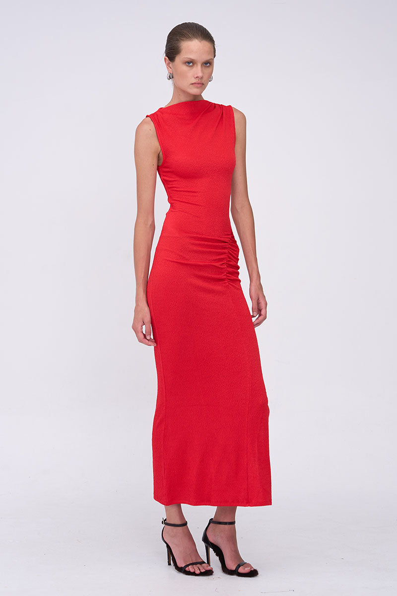 Jacqui Rouched Front Midi Dress  - Red