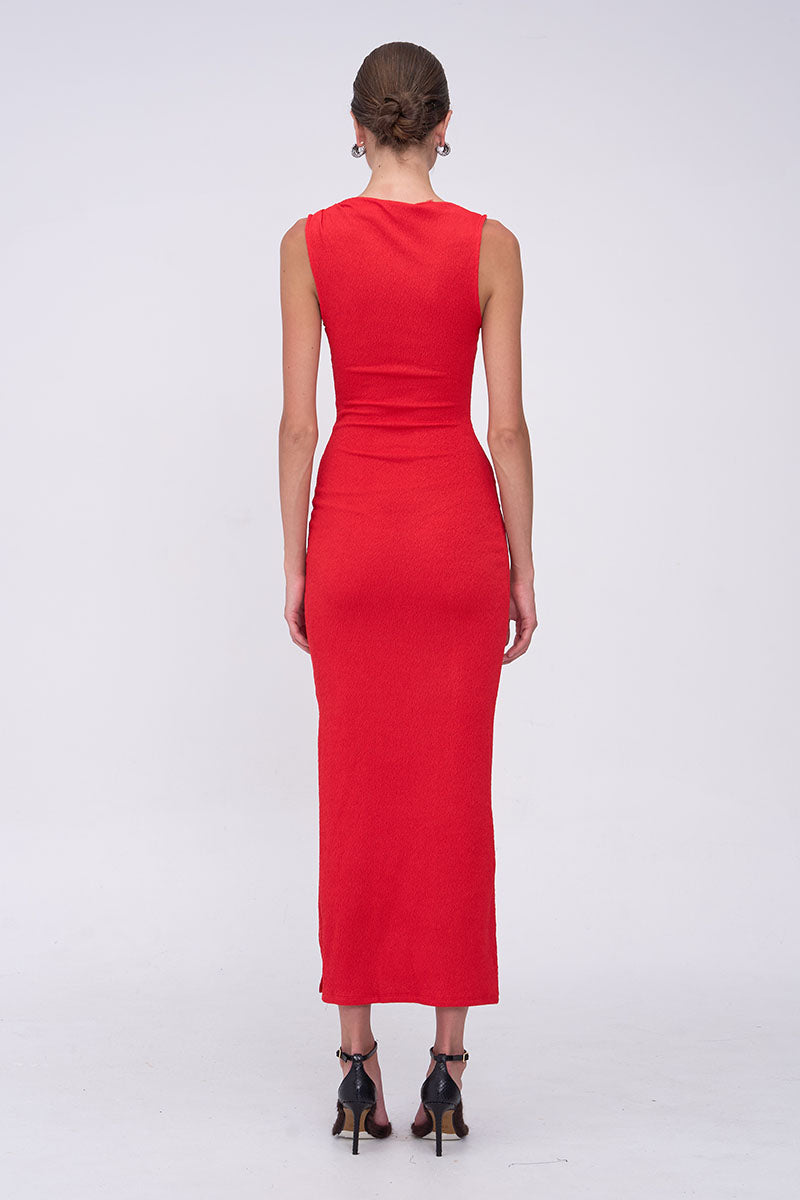 Jacqui Rouched Front Midi Dress  - Red