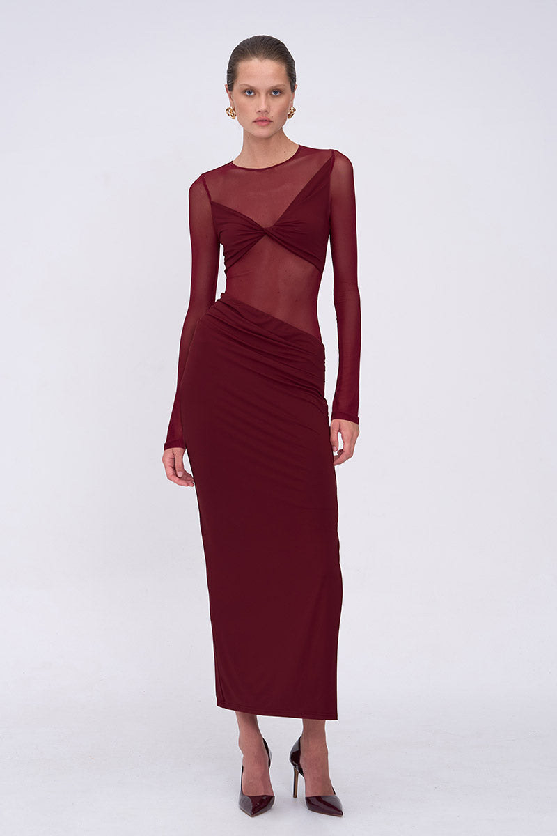 Auguste Long Sleeve Mesh Jersey Maxi - Bordeaux