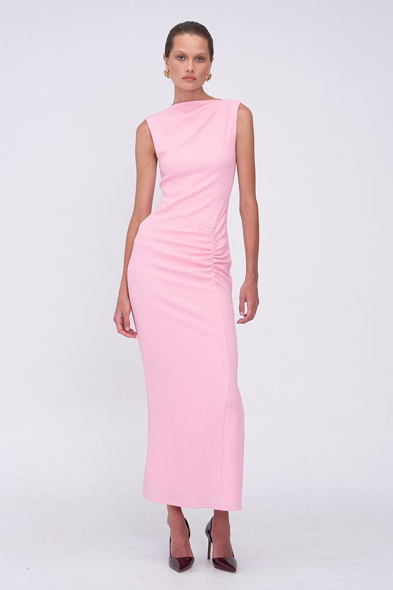 Jacqui Rouched Front Midi Dress  - Pink