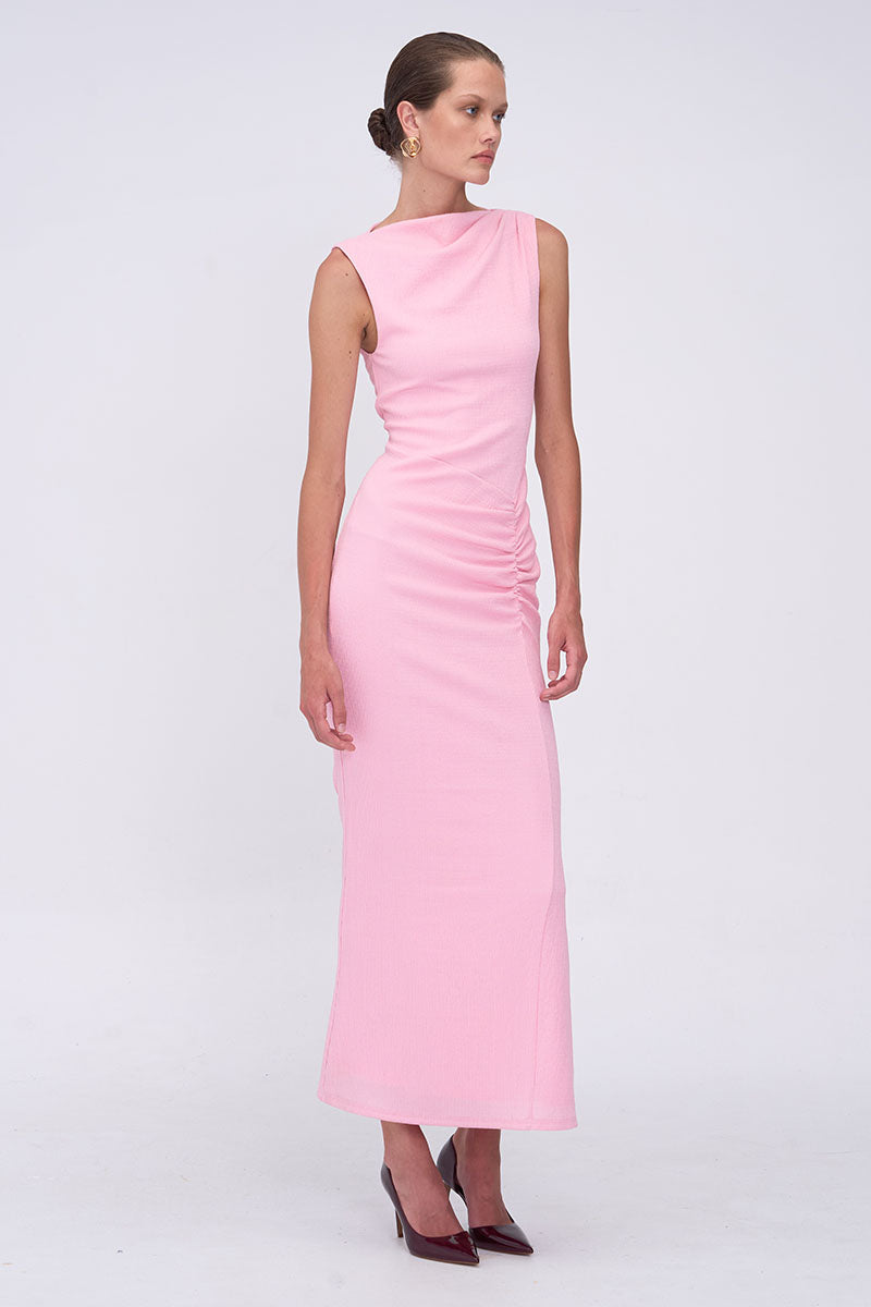 Jacqui Rouched Front Midi Dress  - Pink