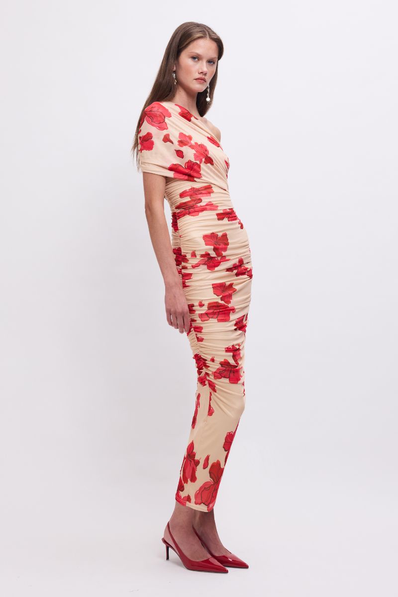 Woman wearing a red and beige floral dress on a white background
