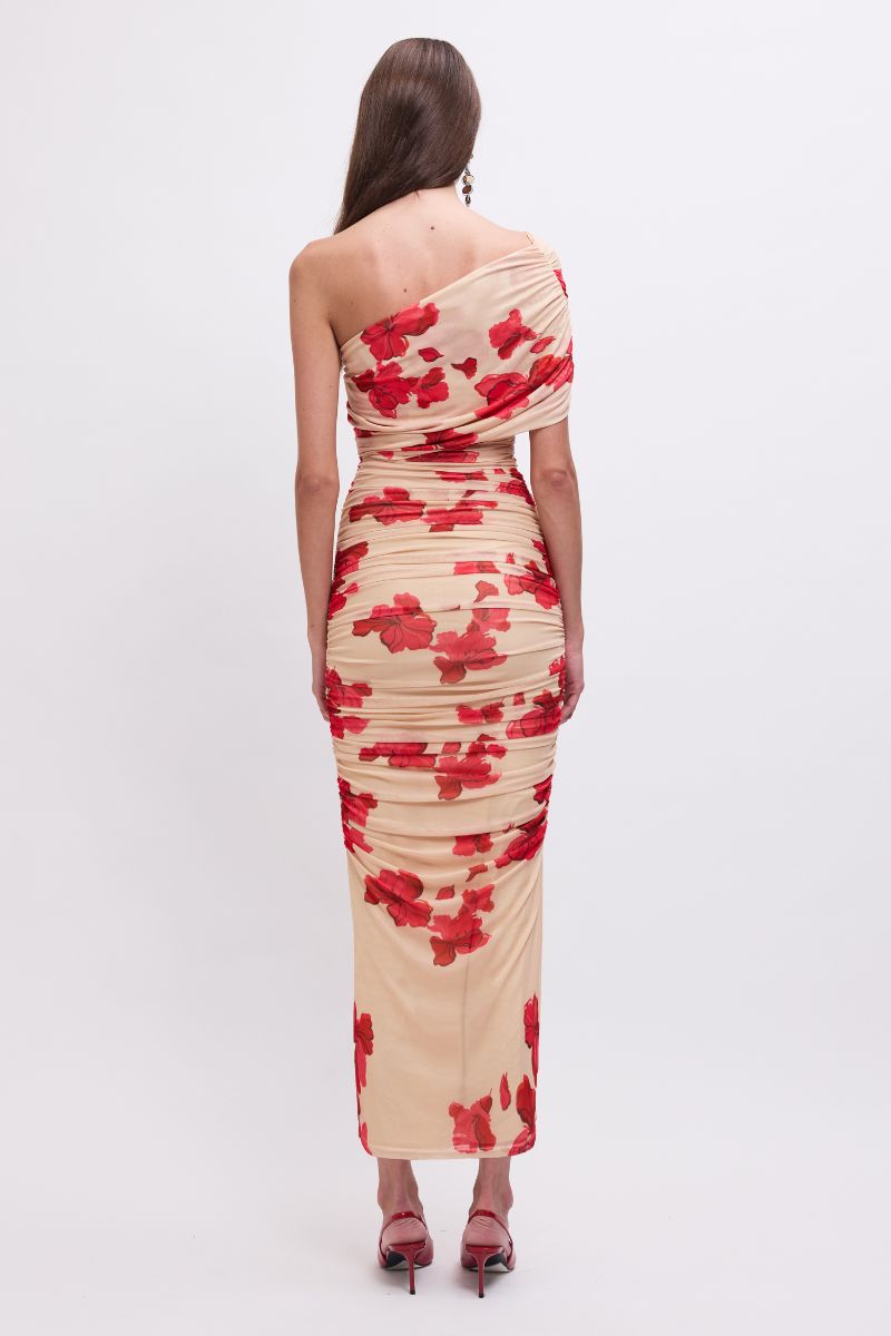 Woman wearing a one-shoulder dress with red floral pattern on a white background