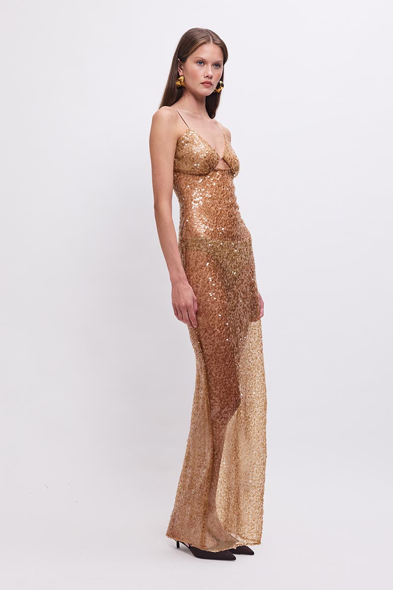 Allure Sheer Sequin Maxi Dress - Bronze
