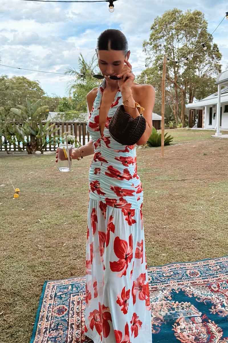 Chloe Floral Halter Mesh Maxi Dress Blue Pink | Suboo SUBOO AU Chloe Floral Halter Mesh Maxi Dress Blue Pink | Suboo SUBOO AU