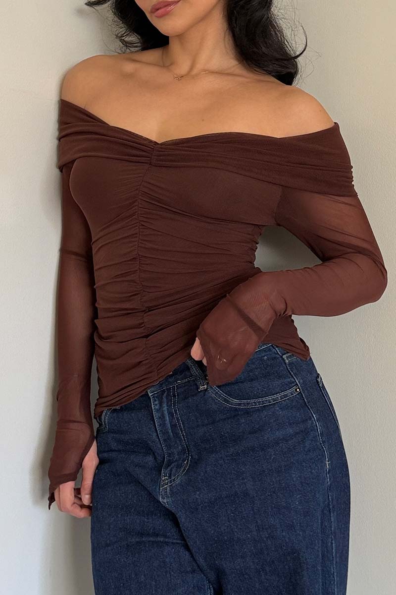 Christy Mesh Off Shoulder Long Sleeve top - Espresso