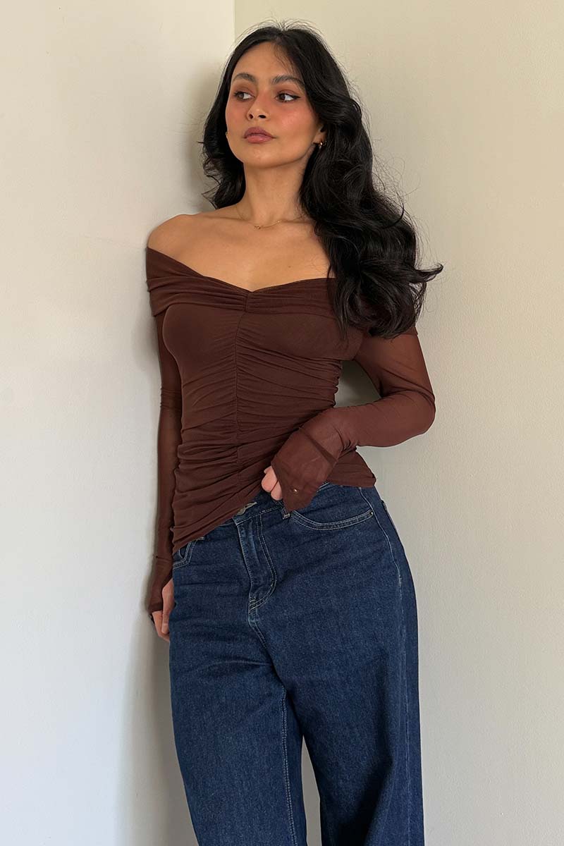 Christy Mesh Off Shoulder Long Sleeve top - Espresso