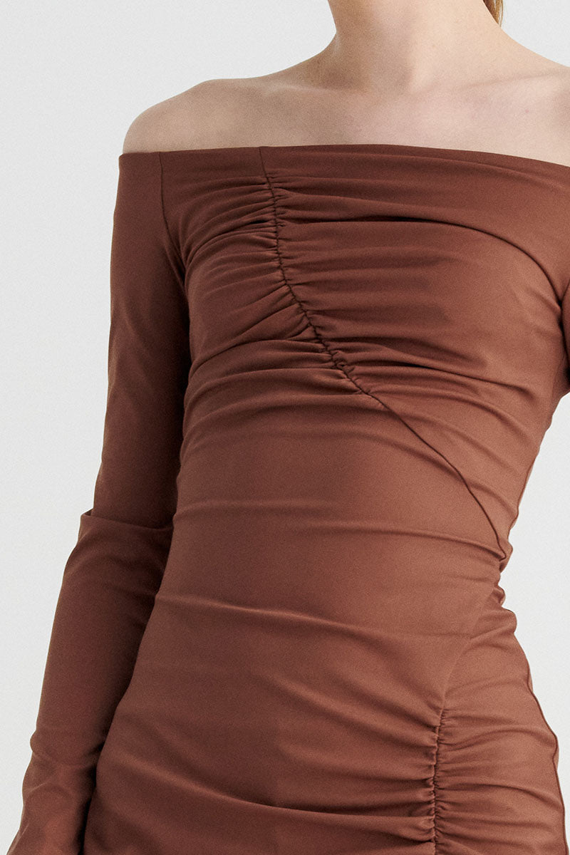 Ivy Long Sleeve Off Shoulder Dress - Chocolate
