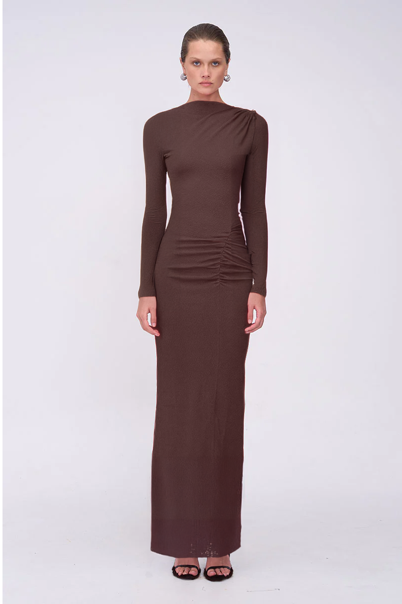 Jacqui Ruched Long Slv Midi Dress - Chocolate