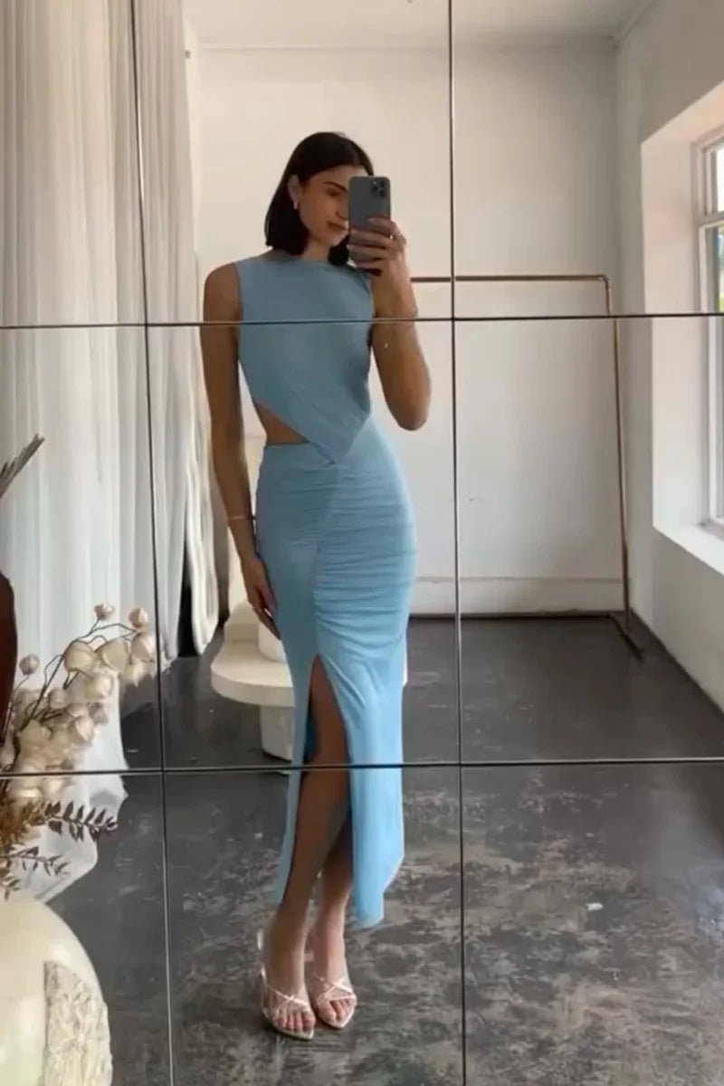 Katy Ruched Cut-Out Mesh Midi Dress – Sky Blue – SUBOO AU