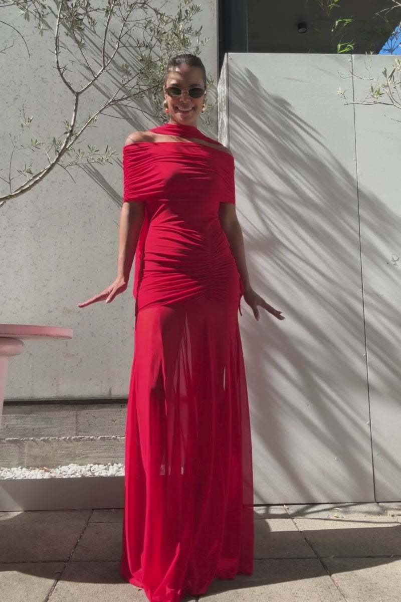 Phoenix Bustier Maxi Dress with Removable Scarf and Sash – Red