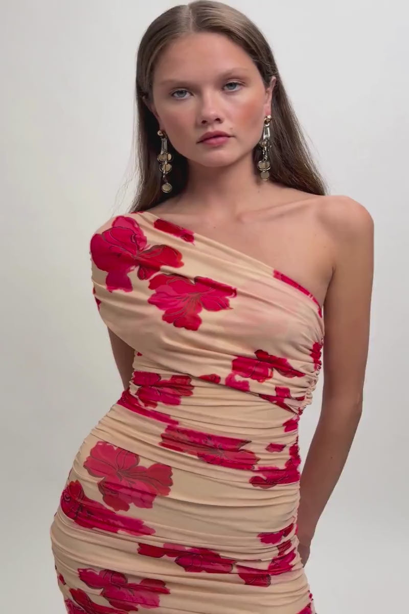 Suzie One-Shoulder Floral Mesh Mini Dress
