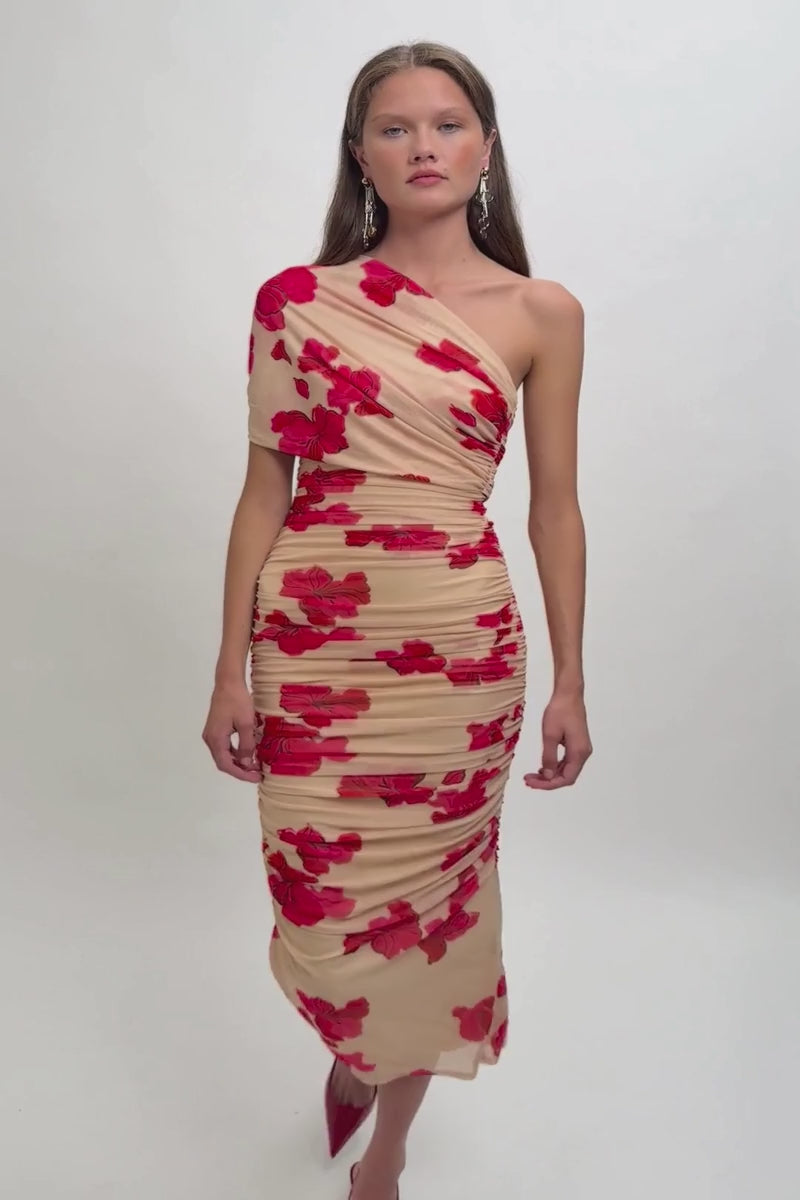 Suzie One-Shoulder Floral Mesh Maxi Dress