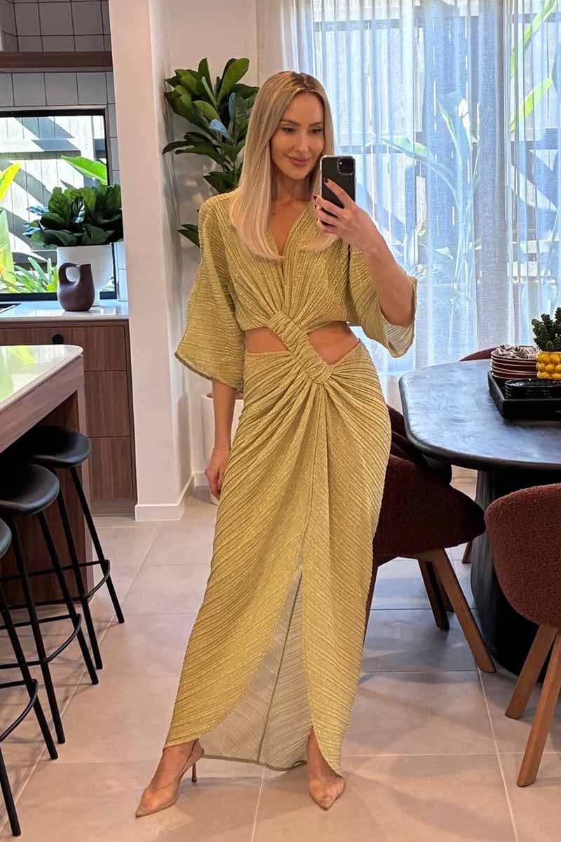 Stevie Cross-Over Midi Dress - Gold